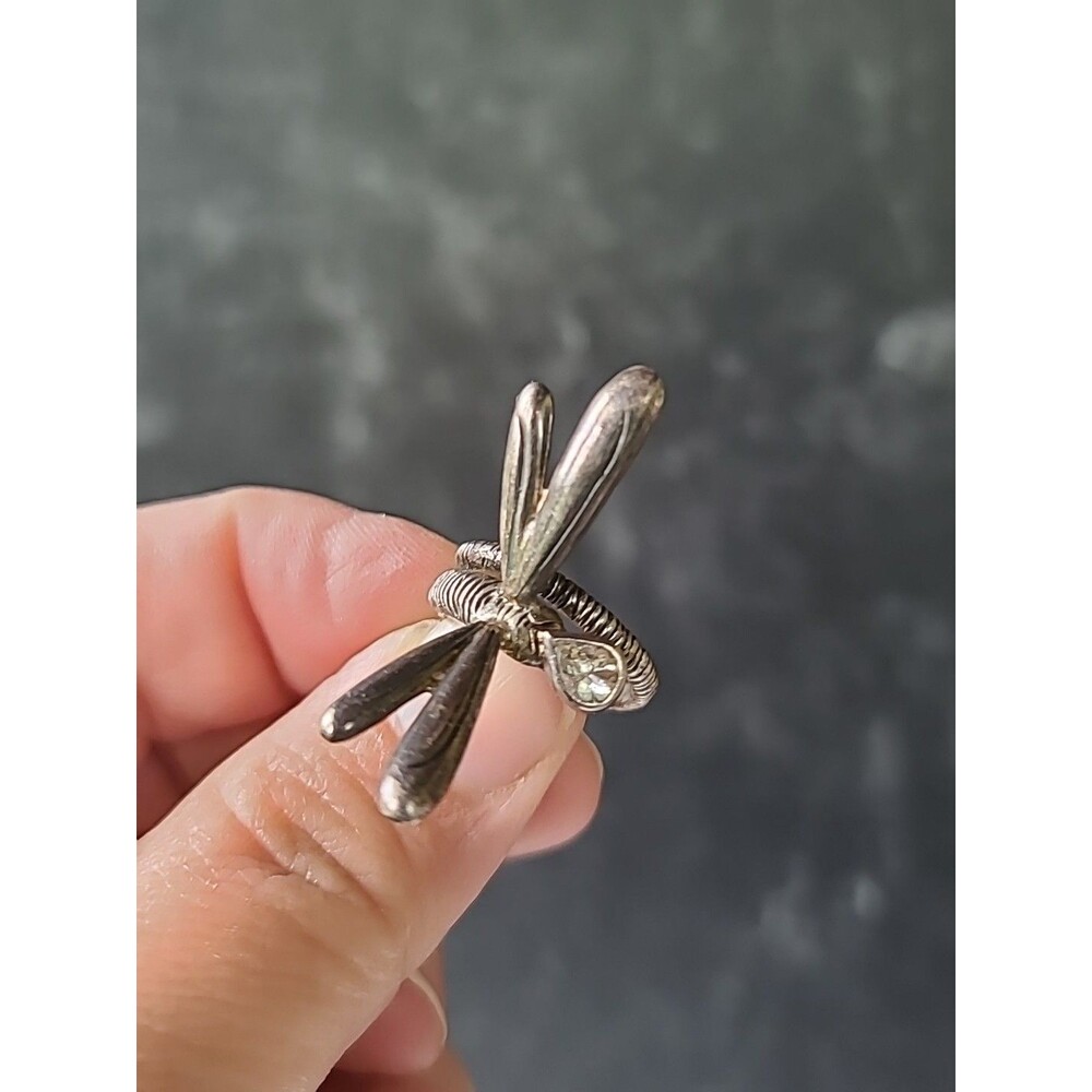 925 Sterling Silver Dragonfly Glass Accent Ring, SIZE US 4.5 Vintage Thailand